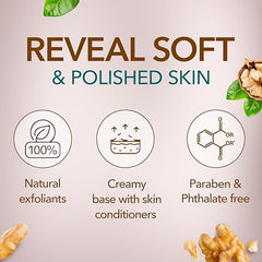 Walnut face scrub infographic: reveals soft, polished skin; natural exfoliants, 100%