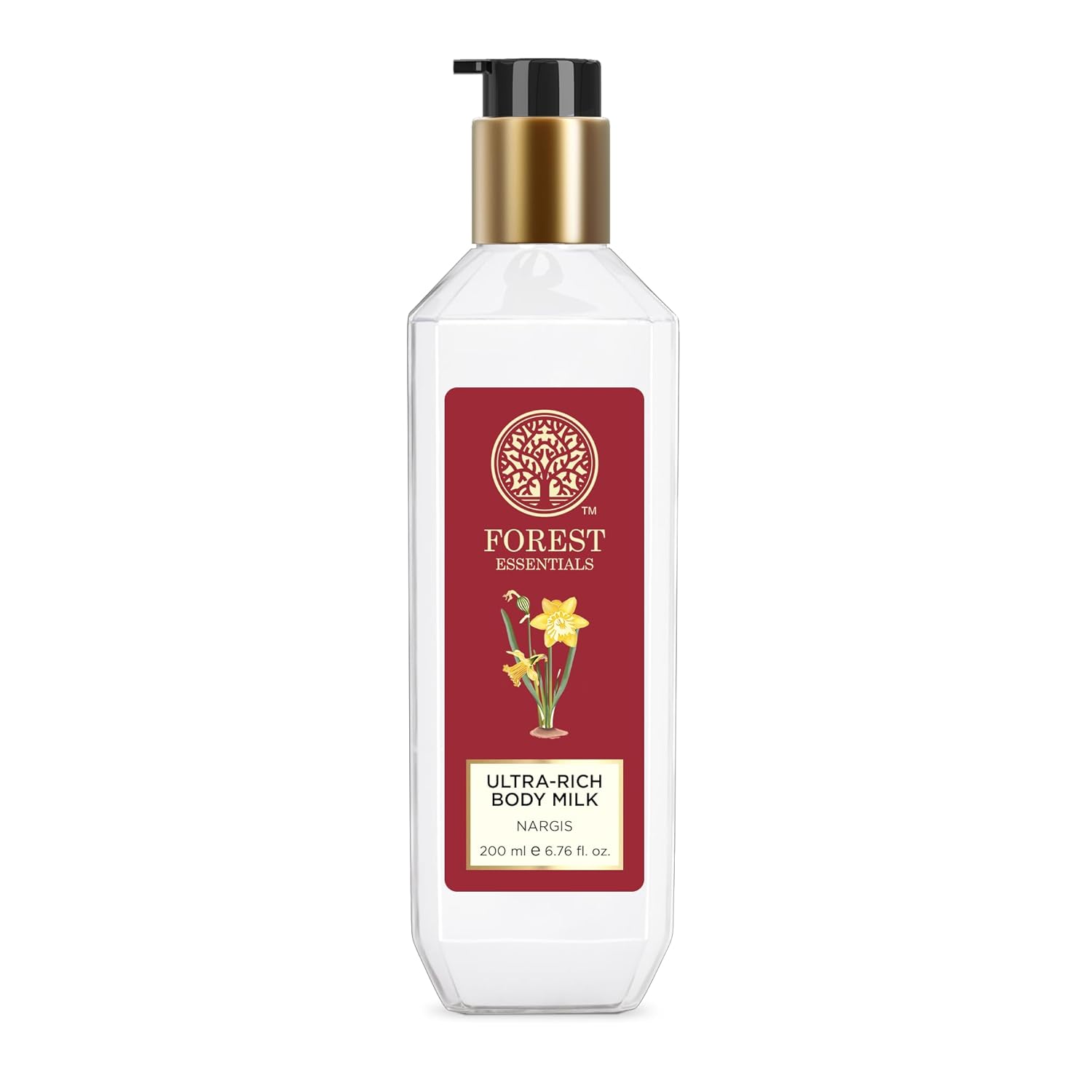Forest Essentials ultra-rich body milk bottle, Nargis 200 ml, pump dispenser