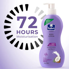 Parachute Advanced Deep Nourish body lotion bottle with 72-hour moisturisation graphic