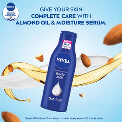 NIVEA Body Milk lotion bottle, blue, with closed cap.