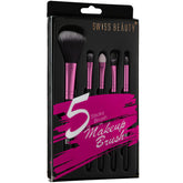 Makeup brush set of 5: pink handles, black bristles, boxed
