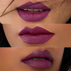 Dusky rose matte lipstick on lips, bold opaque finish