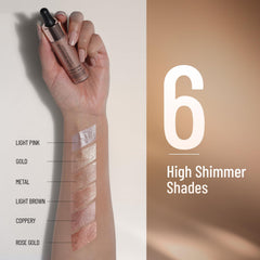 Liquid highlighter in bottle with shimmer swatches shown on the skin