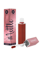 Liquid lipstick kit with tube, applicator, and display box in deep brown