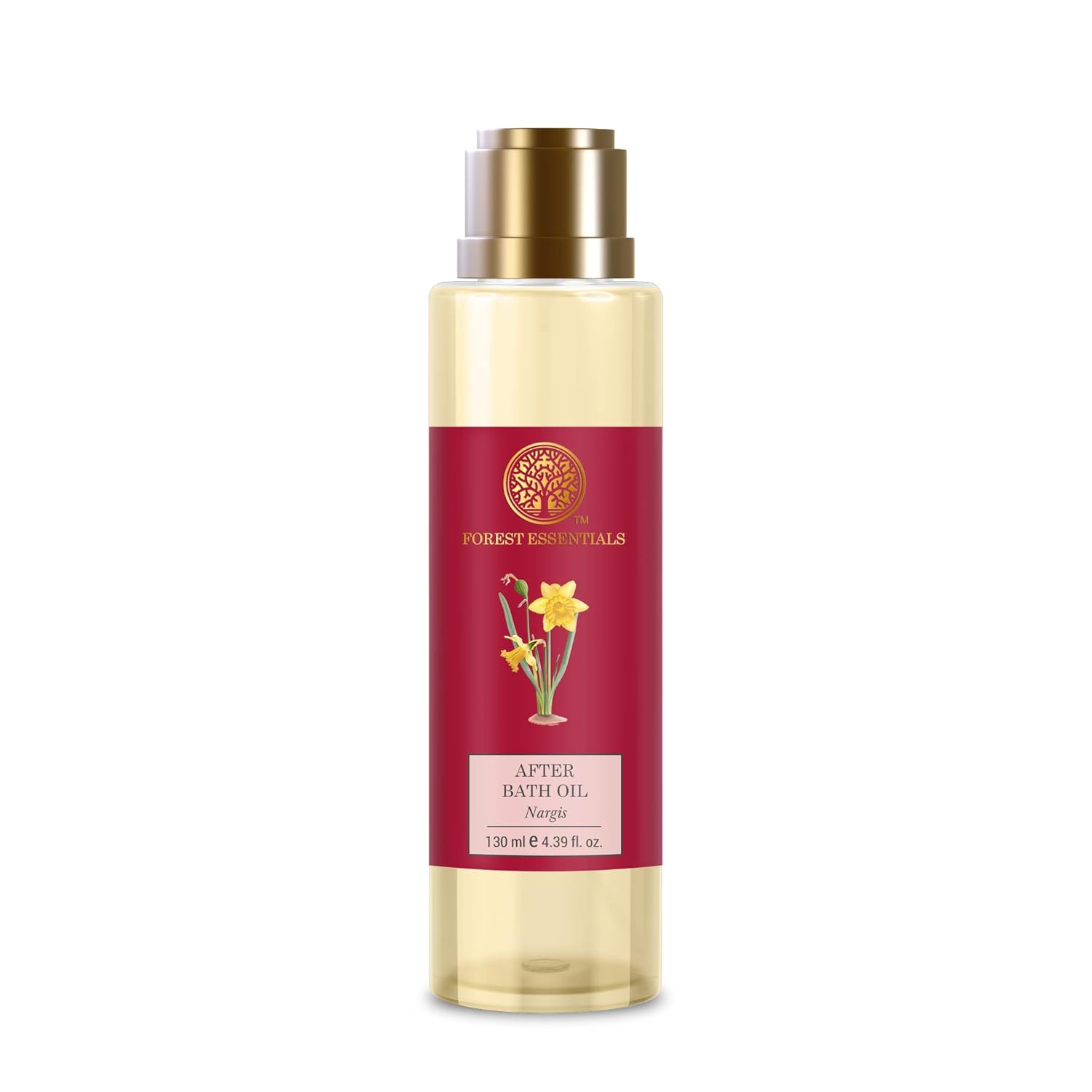 After bath oil bottle with gold pump and red label, 130 ml