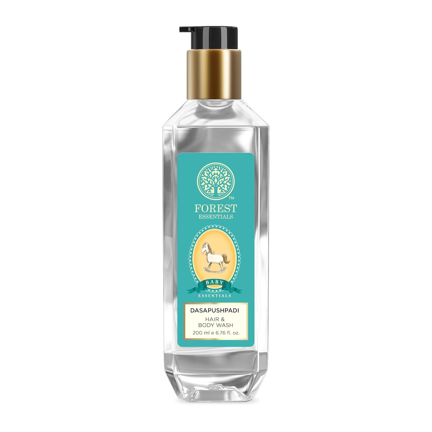 Baby hair and body wash bottle, transparent with gold pump and teal label, 200 ml