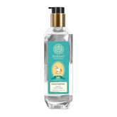 Baby hair and body wash bottle, transparent with gold pump and teal label, 200 ml