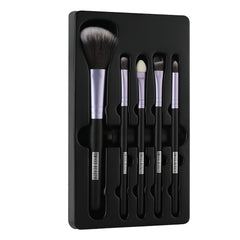 Makeup brush set of 5 with purple and white bristle heads in a black blister package
