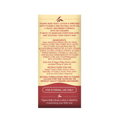 Figaro Baby body lotion carton back panel with ingredients and directions text