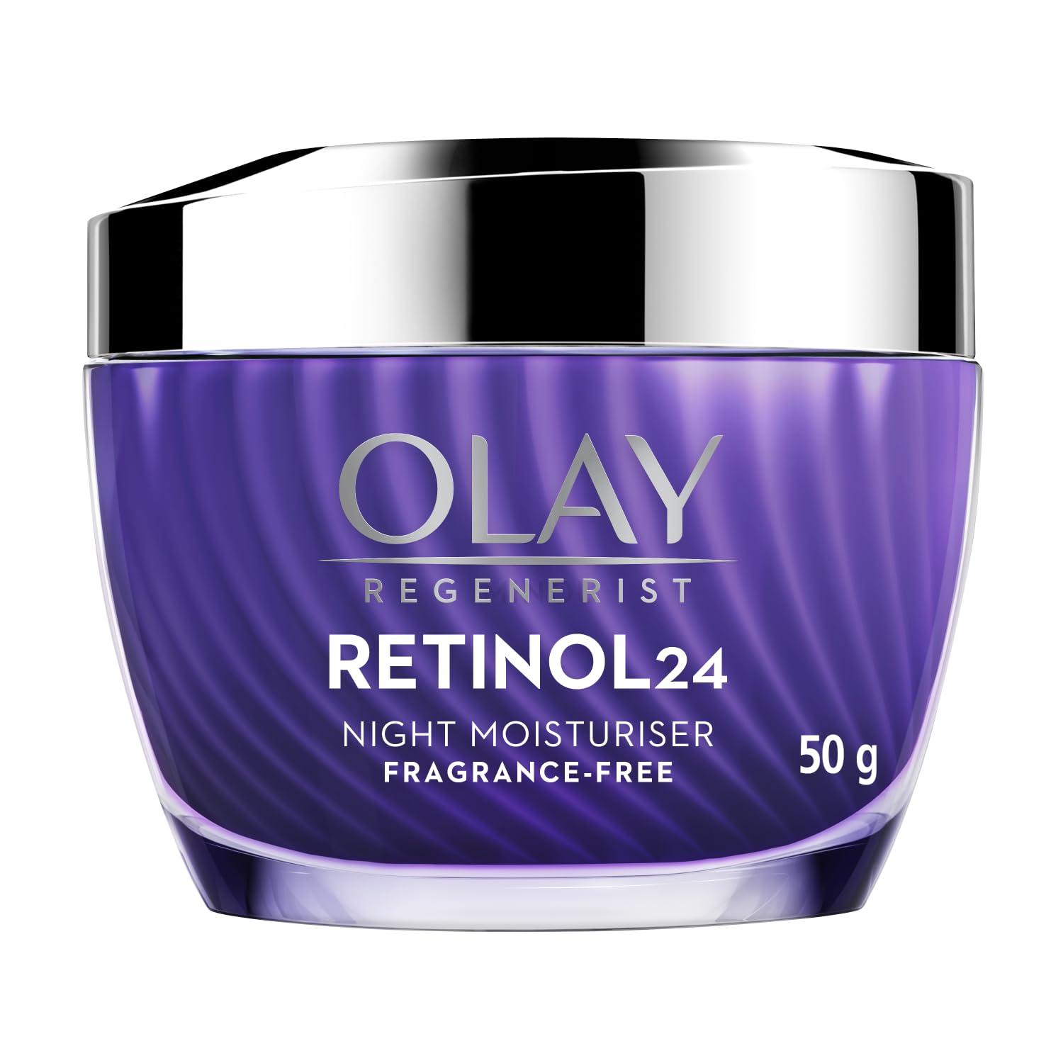 Retinol 24 night moisturiser jar, purple cream with silver lid, fragrance-free 50 g.