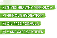 Skincare pack label with healthy pink glow, 48-hour hydration, oil-free, made safe checks.