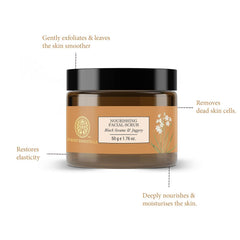 Nourishing facial scrub jar, black sesame & jaggery formula in 50 g size.
