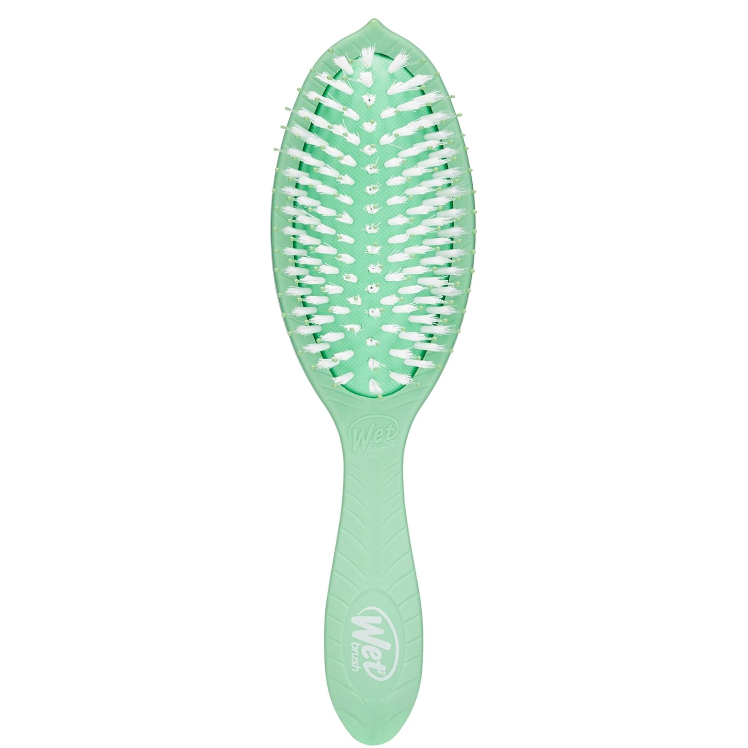 Green oval wet hair brush with white bristles and ergonomic handle