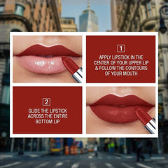 Red lipstick applied to lips with lipstick tip touching the lower lip