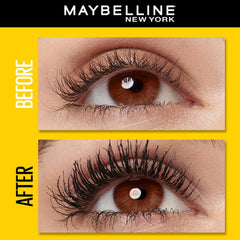 Mascara result close-up: eyelashes coated, with before-and-after views.