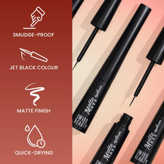 Jet black matte eyeliner pens with pointed tips and refill bottle