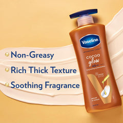 Vaseline Cocoa Glow body lotion bottle with blue pump and creamy lotion ribbon