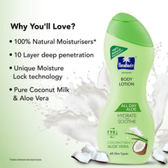 Parachute body lotion bottle with 100% natural moisturisers benefits list