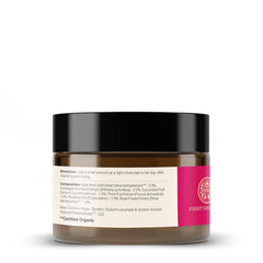 Light hydrating facial gel jar showing back directions panel, pink rosewater label, black cap