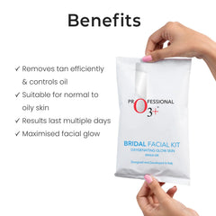 O3+ bridal facial kit single-use pouch held in hand, white with blue label