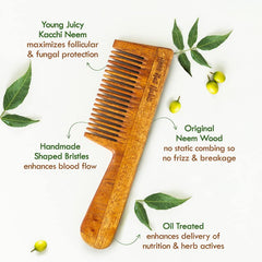 Handmade oil-treated Kacchi Neem comb in original neem wood with fine teeth