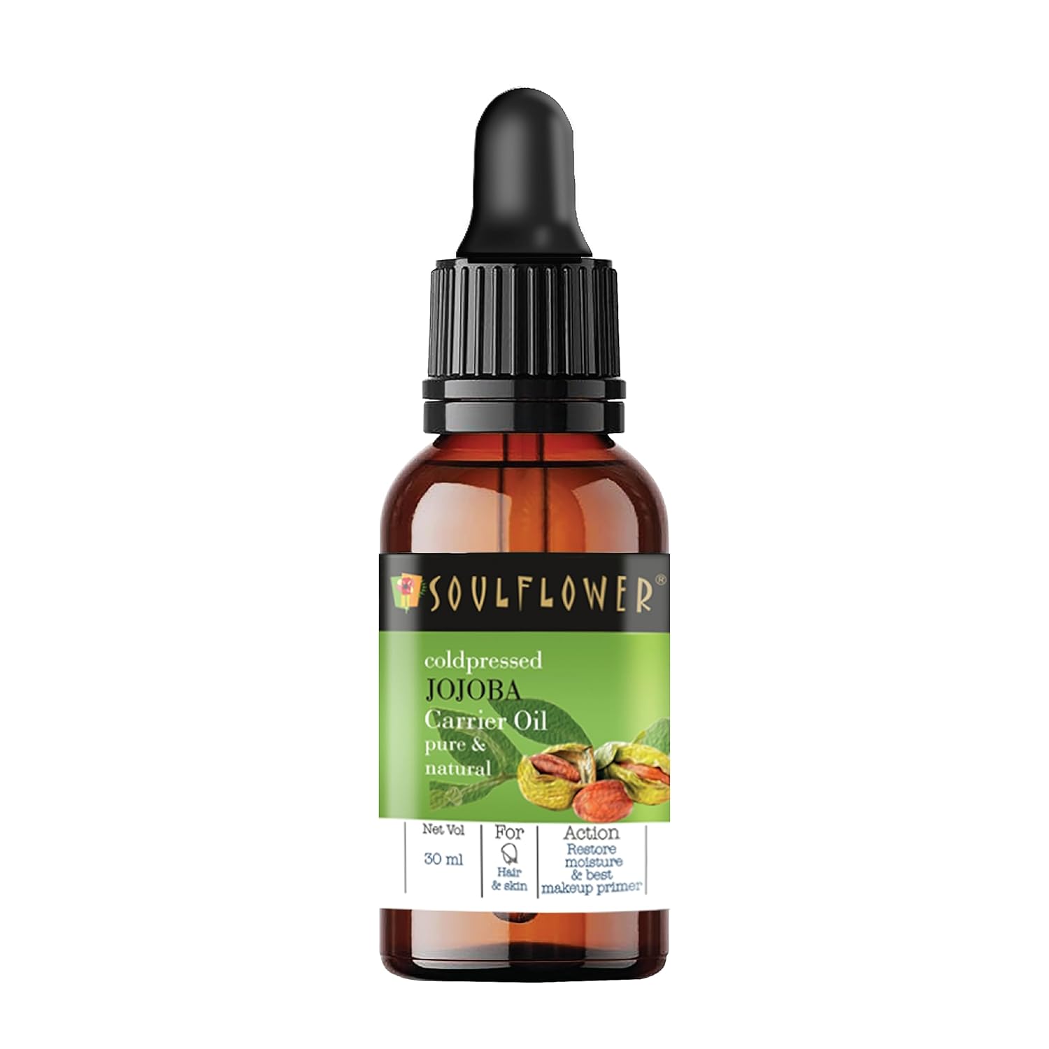 Jojoba oil bottle with black dropper and amber glass, front label