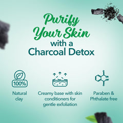 Charcoal detox face pack graphic showing natural clay and paraben-free claim