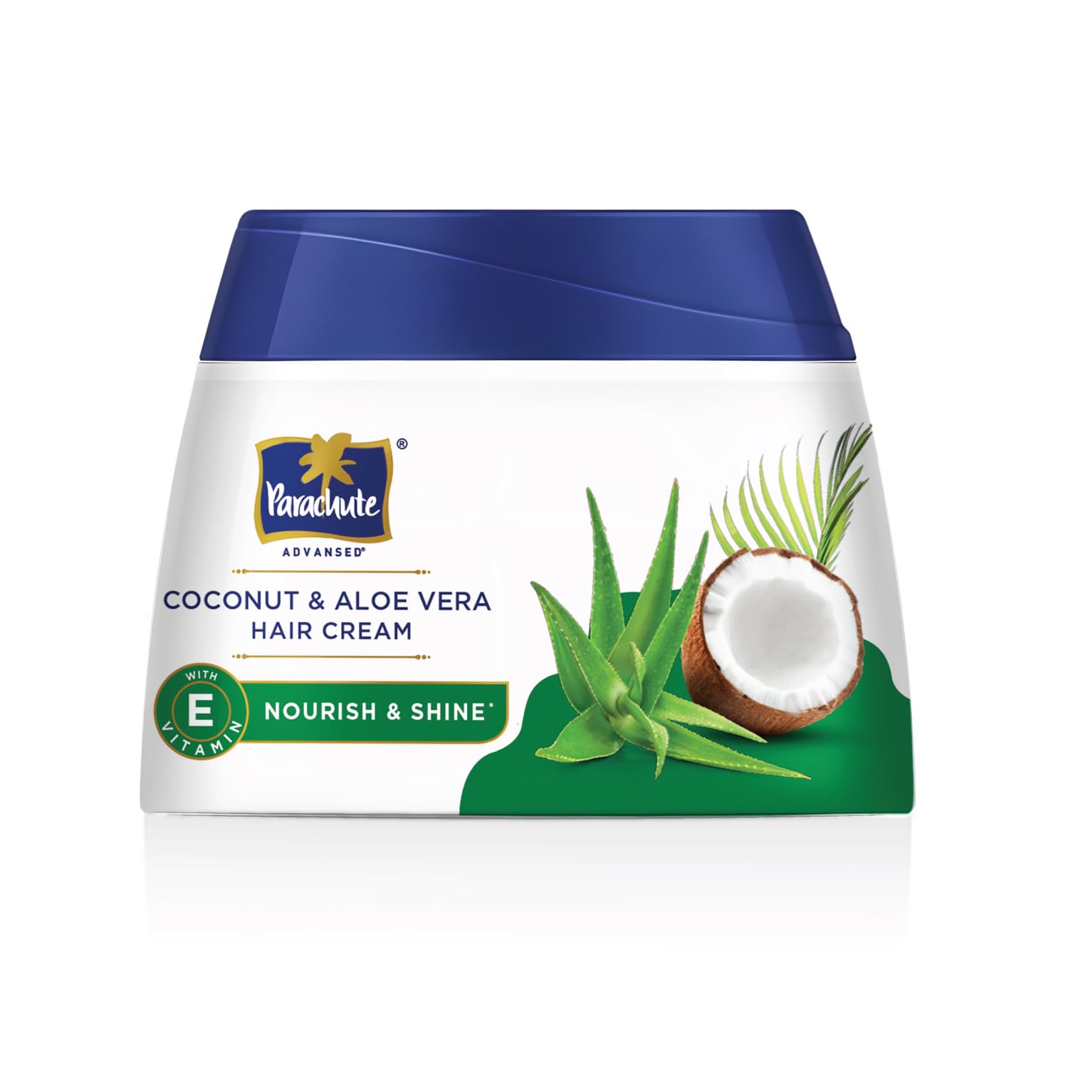 Hair cream jar with blue lid, white body, coconut and aloe vera label