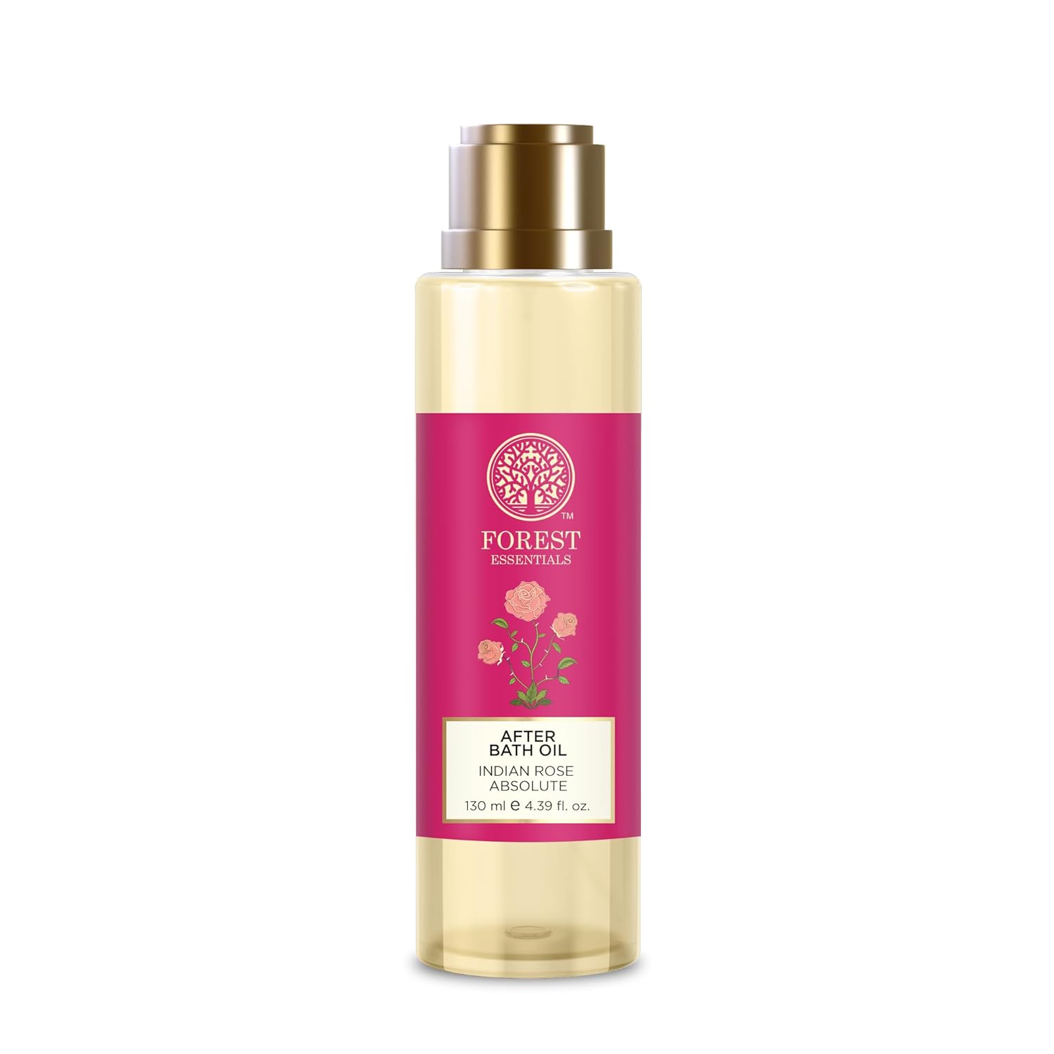 After bath oil bottle with gold pump cap, cream body, pink label, 130 ml