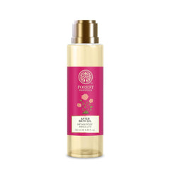 After bath oil bottle with gold pump cap, cream body, pink label, 130 ml