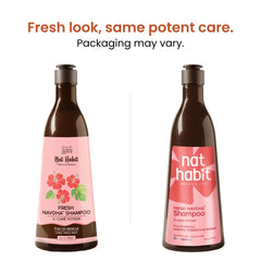 Fresh Navdha shampoo bottle, dark brown with pink label, front and side views