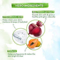 Beetroot essence serum hero ingredients graphic with beetroot extract and hyaluronic acid