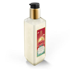 Forest Essentials body milk bottle with gold pump; side view of front label