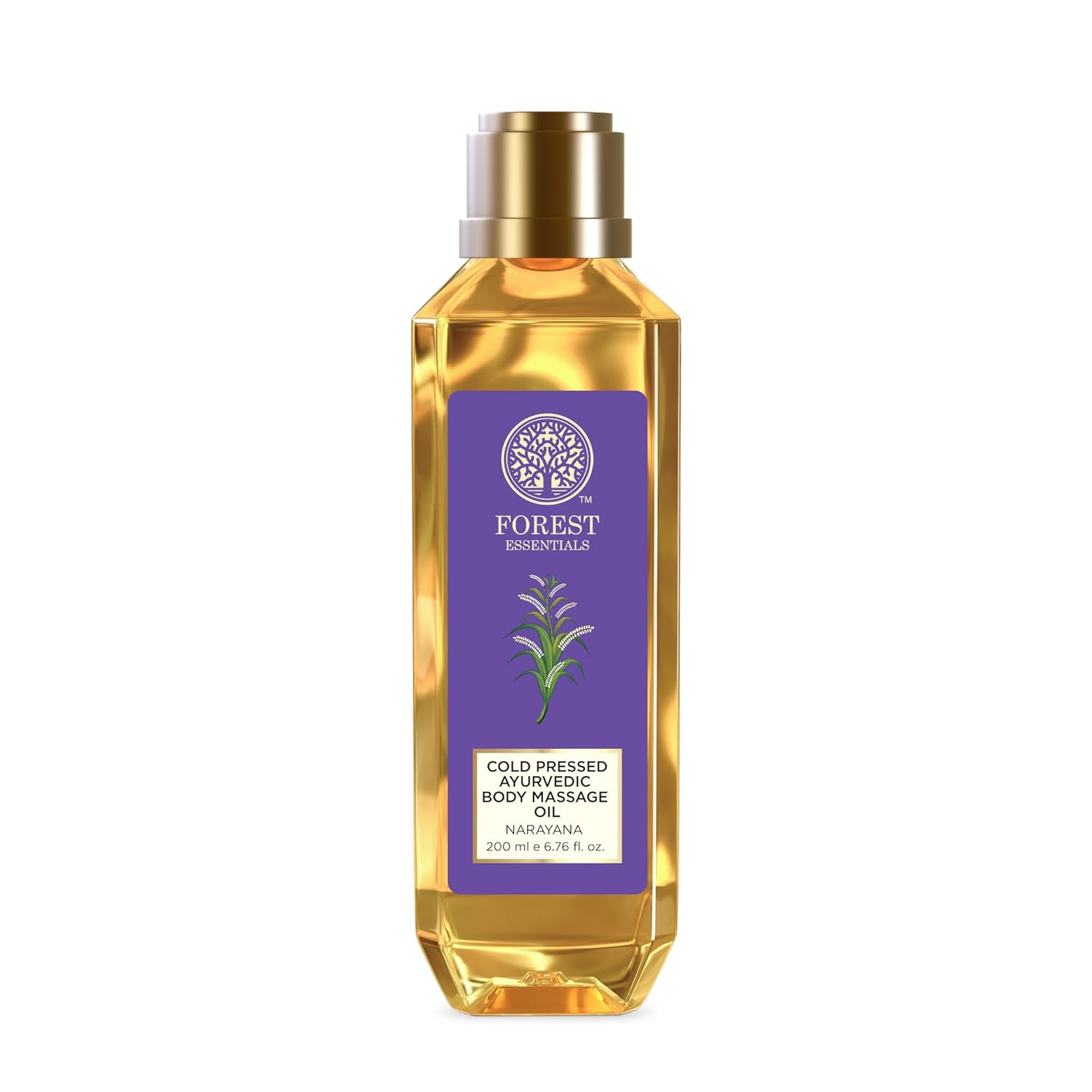 Forest Essentials body massage oil bottle, gold cap and purple label