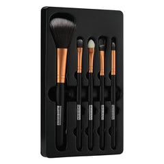 Makeup brush set of 5 in blister tray, black handles with golden accents
