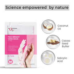 Hand mask glove pack with ingredient circles: coconut oil, cacao seed butter, salicylic acid