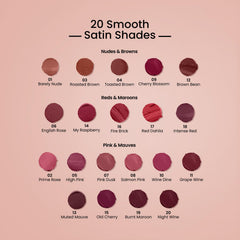 Satin Comfort lipstick shade chart with nude and brown numbered swatches