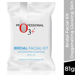 O3+ bridal facial kit sachet, white single-use pouch with blue and red branding