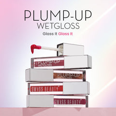 Plump-up wetgloss lip gloss display with red-tinted gloss tubes