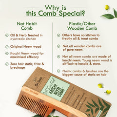Oil & herb-treated neem wood comb with fine teeth, nat habit comb box beside