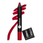 Red matte lip crayon with black cap and pointed tip, single lipstick stick.