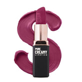 Swiss Beauty creamy lipstick in Hottie Pink shade, with magenta swatch and silver cap.