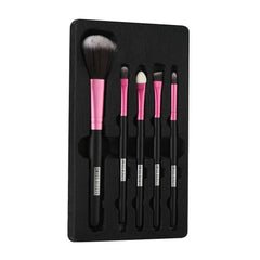 Makeup brush set of 5 with pink ferrules and black handles in foam tray