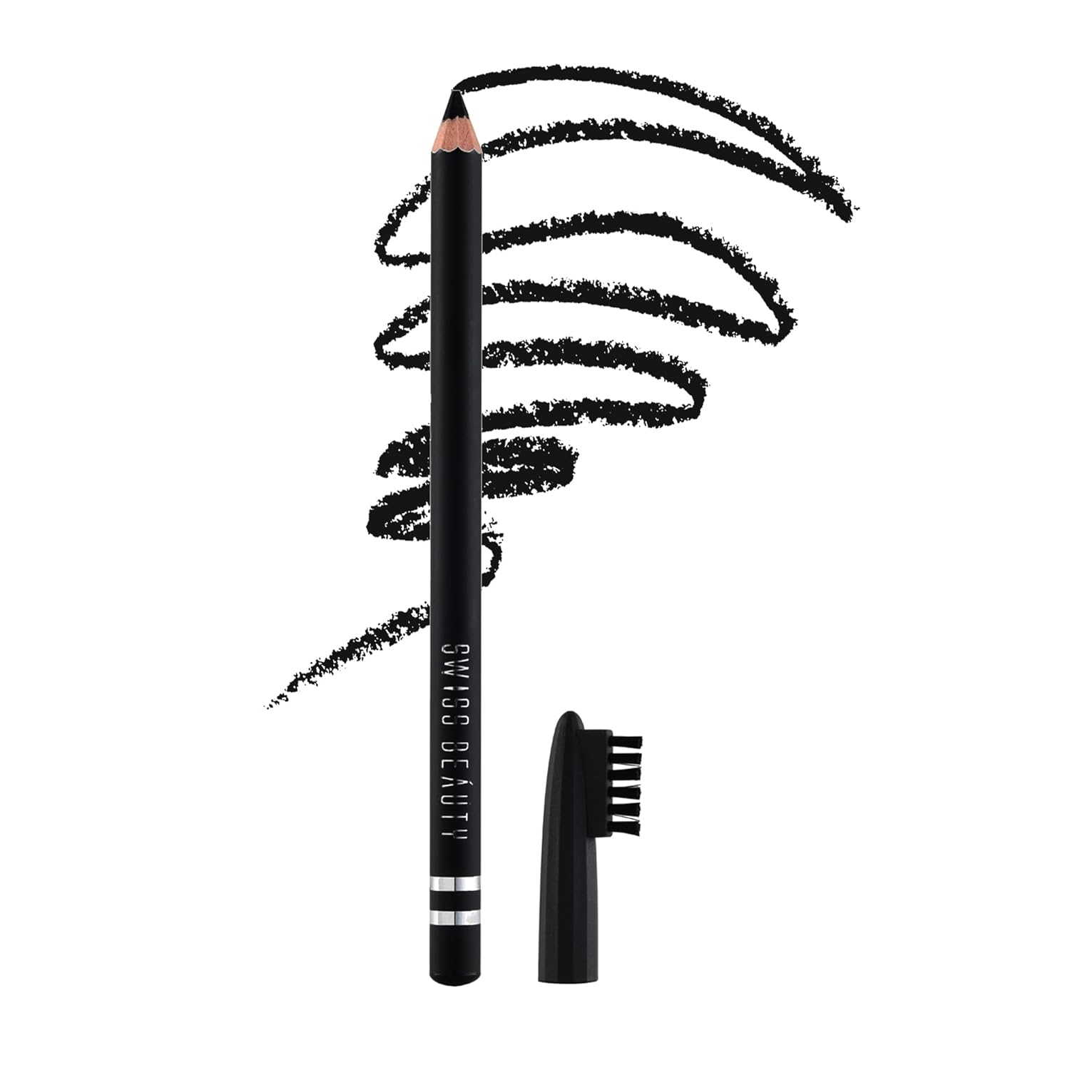 Black eyebrow pencil with spoolie brush and eyebrow swatch lines