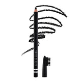 Black eyebrow pencil with spoolie brush and eyebrow swatch lines