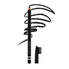 Black eyebrow pencil with spoolie brush and eyebrow swatch lines