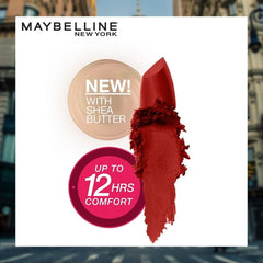 Red matte lipstick bullet in silver tube with red color smear