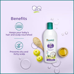 Himalaya Baby Hair Oil bottle with benefits icons and soothing oil jar.