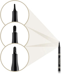 Charcoal liquid eyeliner pen with close-up of fine applicator tip.
