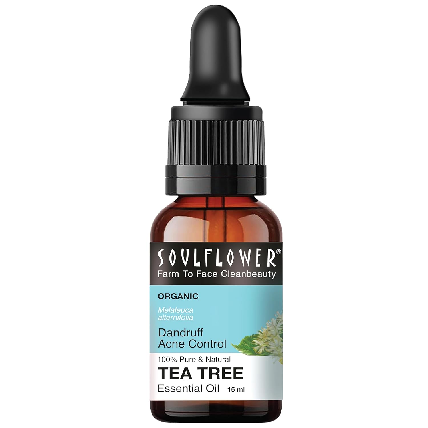Tea tree essential oil dropper bottle with amber glass and black pump cap
